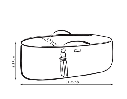 Measurement chart of a decorative belt with tassel on a white background