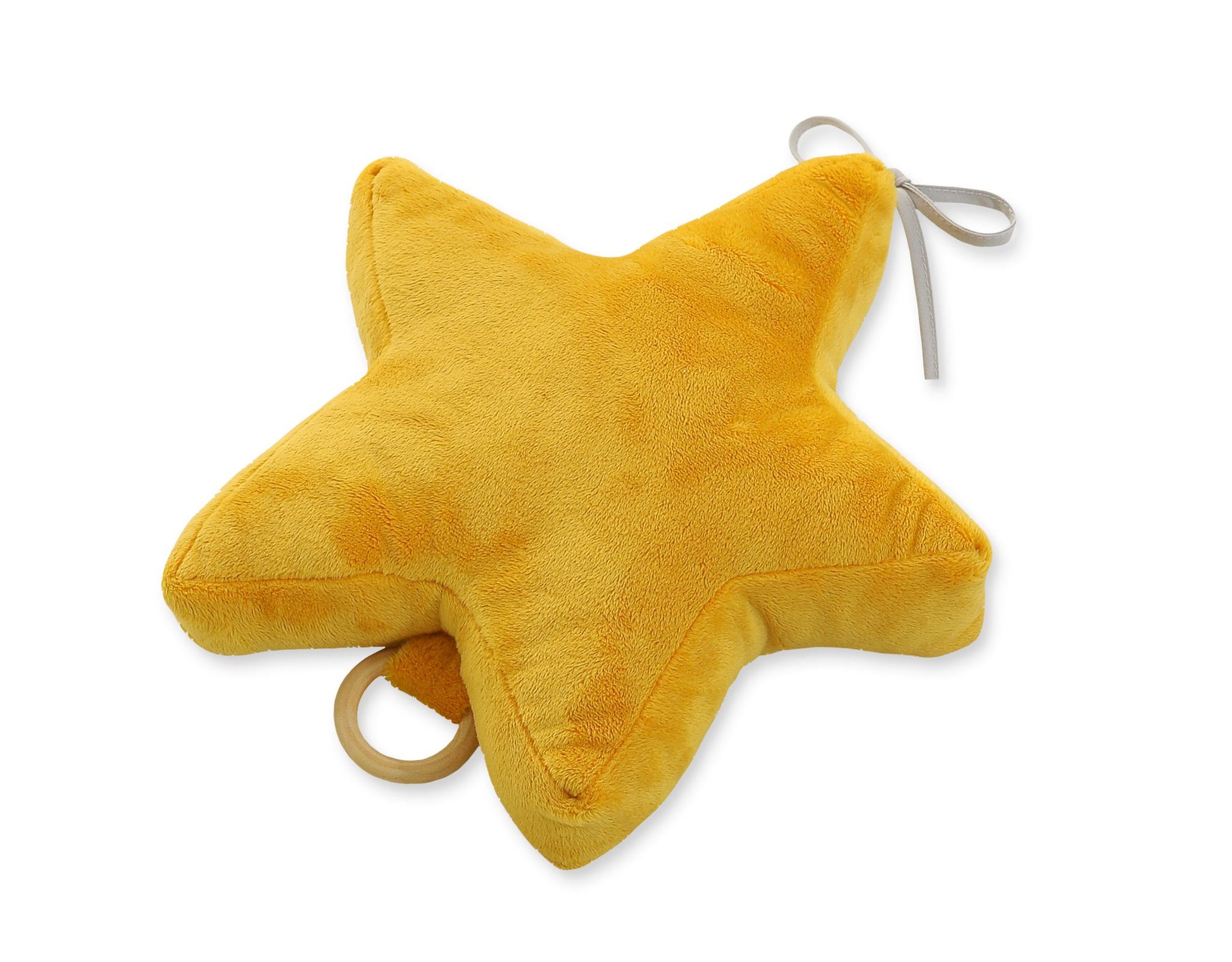 Yellow star-shaped plush toy with a string on a white background