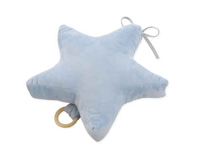 Star-shaped blue plush toy with a ring on a white background