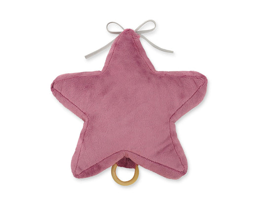 Pink star-shaped baby comfort toy with a ring on a white background