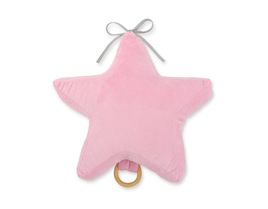Pink star-shaped toy with a ring on a white background