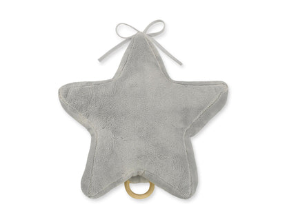 Gray star-shaped baby comfort toy with a white ribbon on a white background