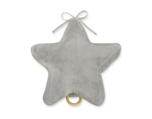 Gray star-shaped baby comfort toy with a white ribbon on a white background