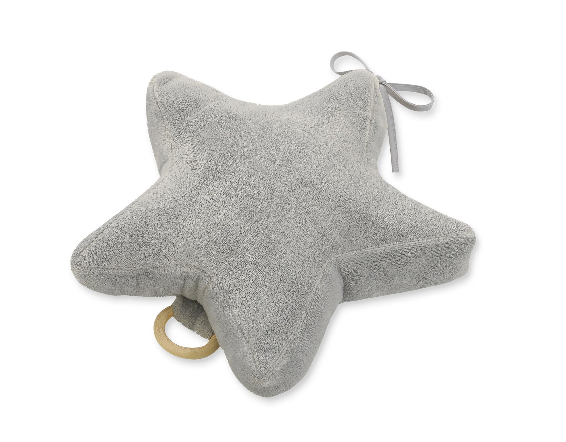 Star-shaped gray pillow with a wooden ring on a white background
