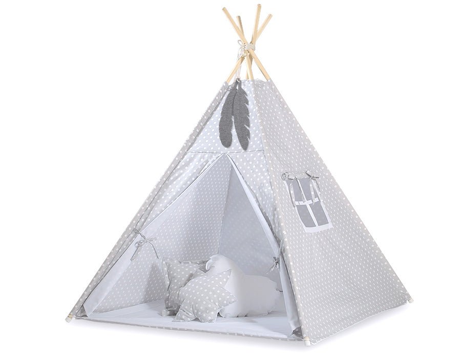 Teepee Tent for Kids – White Dots on Grey - Kindeco