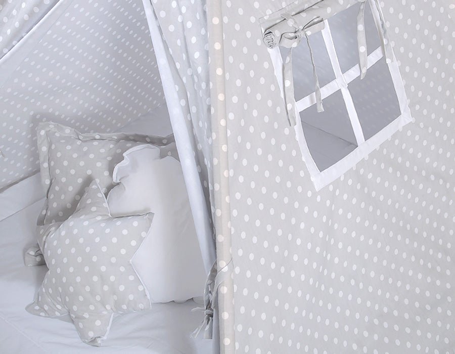 Teepee Tent for Kids – White Dots on Grey - Kindeco