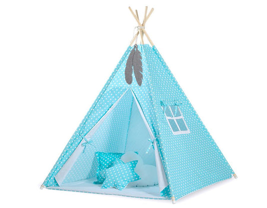 Teepee Tent for Kids – White Dots on Turquoise - Kindeco