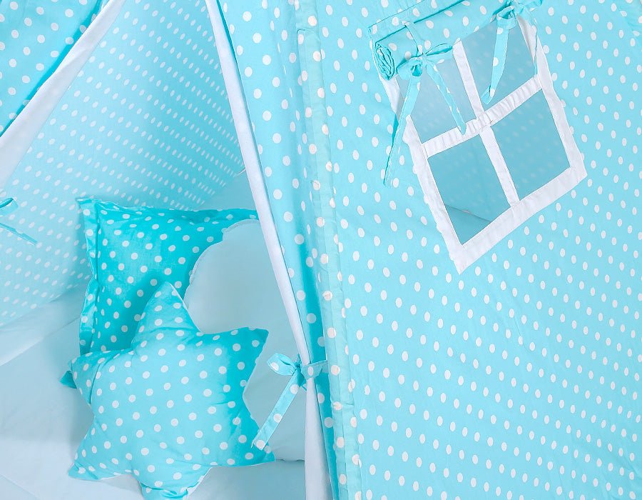 Teepee Tent for Kids – White Dots on Turquoise - Kindeco