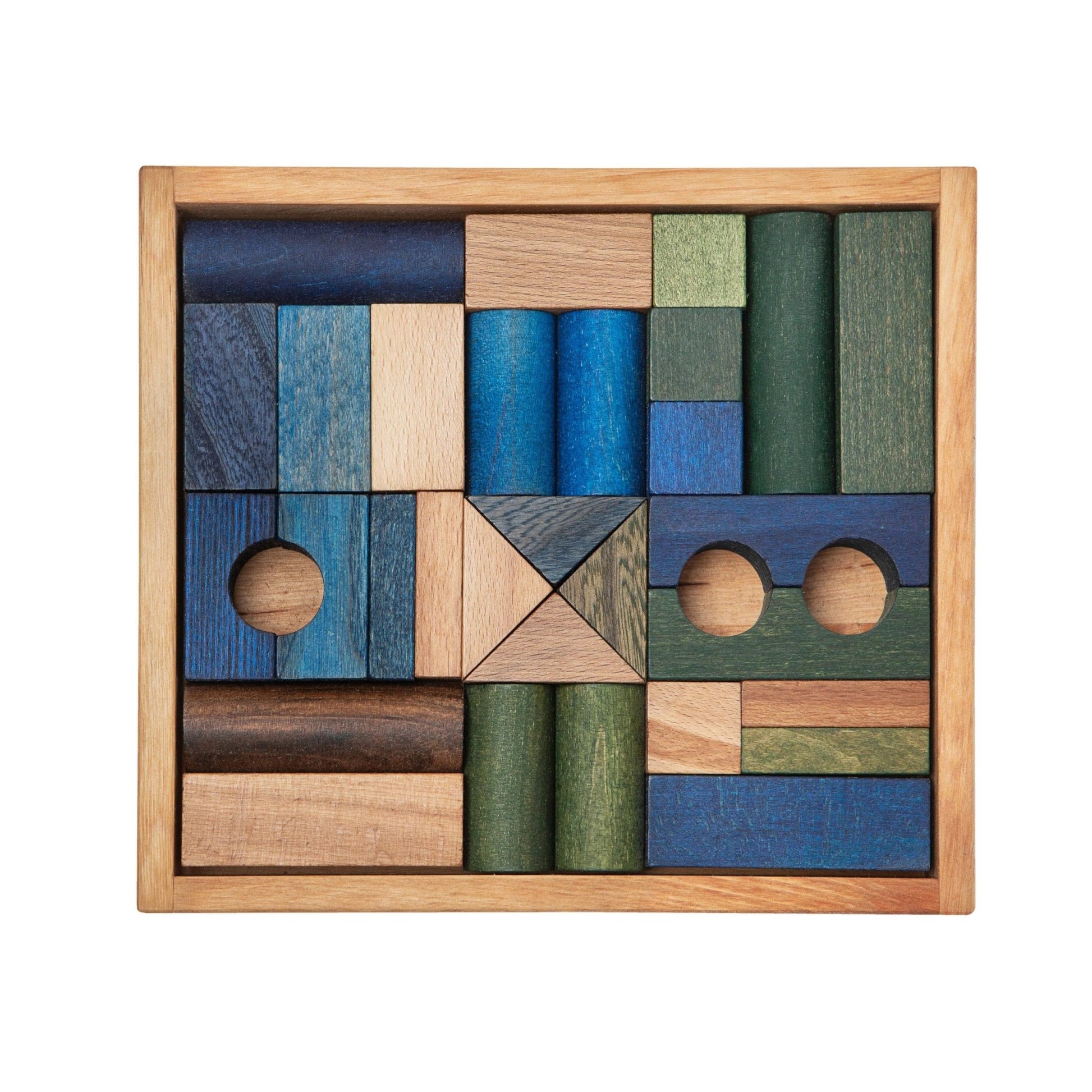 Wooden Blocks in a Box – Cold Colors, 30 Pieces - Kindeco