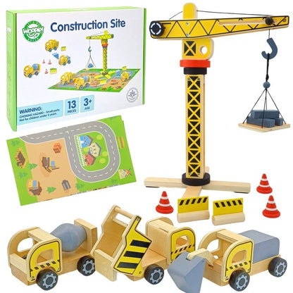 Wooden Construction Site Set with Vehicles - Kindeco
